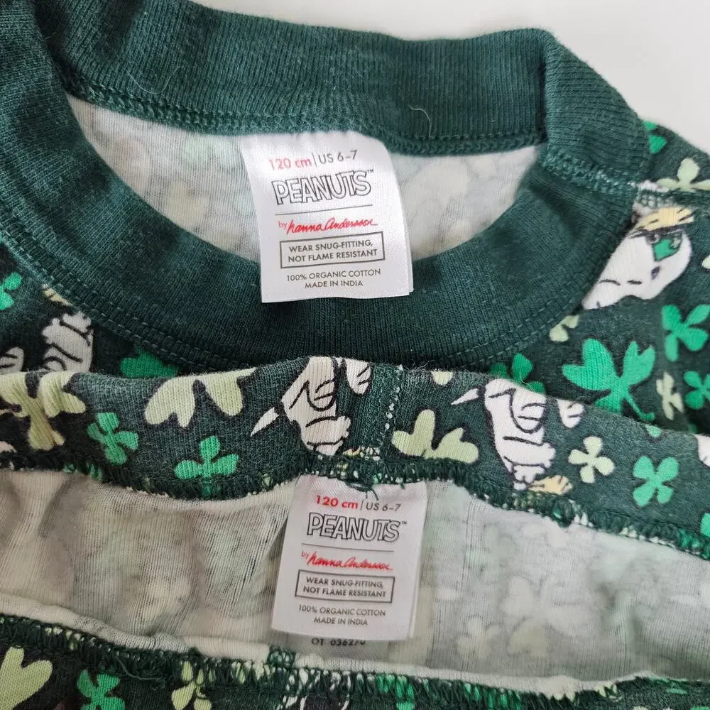 Hanna Andersson Peanuts Short‎ Pajama Set 120 6-7 Green Snoopy St. Patricks Day